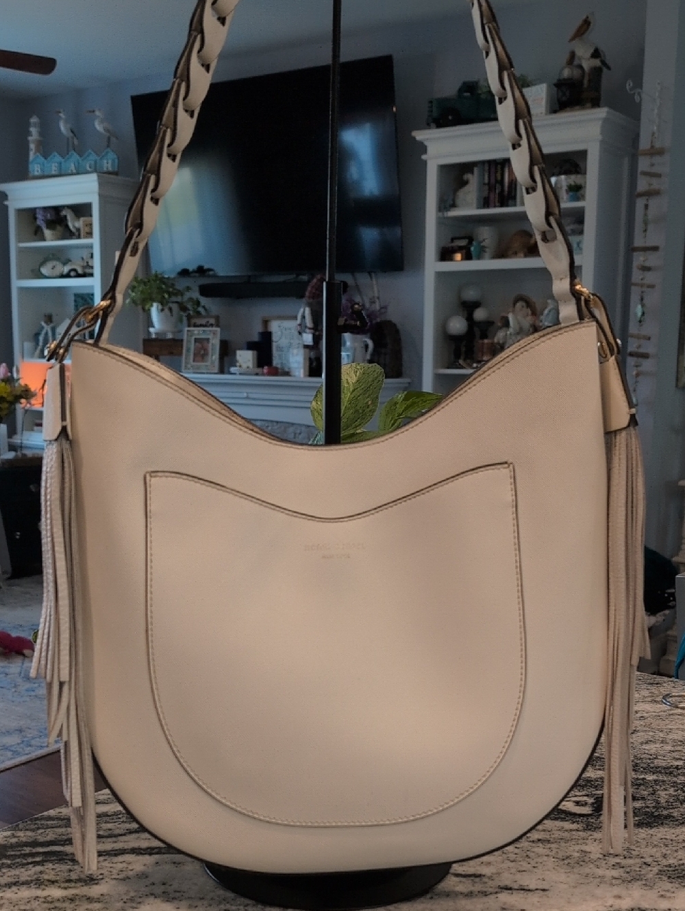 Henri Bendel West 57th Cream Leather Hobo Bag with Tassels